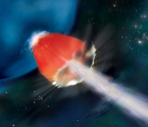 In this artist's rendering of GRB 130925A, a sheath of hot, X-ray-emitting gas (red) surrounds a particle jet (white) blasting through the star's surface at nearly the speed of light. The source may have been a metal-poor blue supergiant, an important proxy for the universe's first stars. Credit: NASA/Swift/A. Simonnet, Sonoma State Univ.